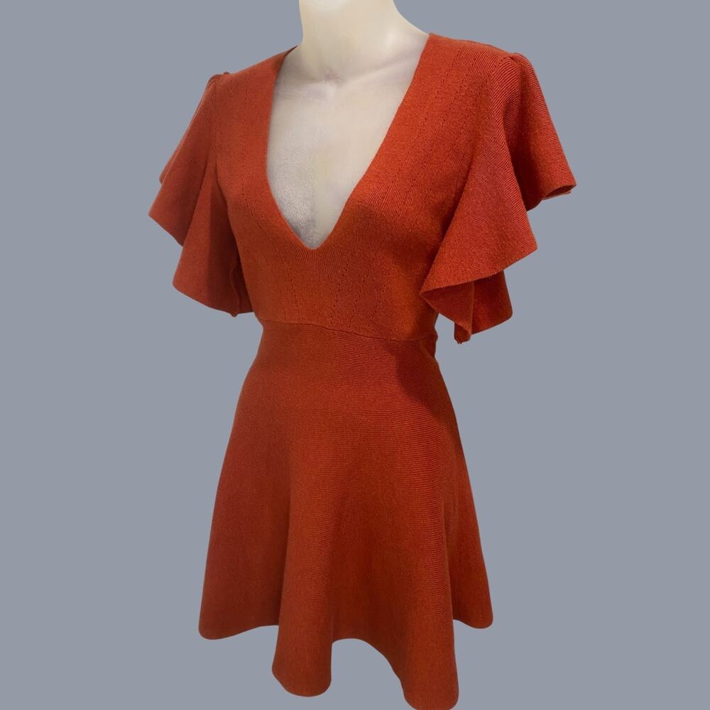 Free People Mini Dress XS S Red Spice Boho Plunge V Neck Open Back Festival
